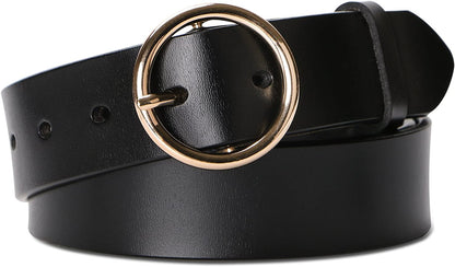Fashion Women Leather Belt for Dresses Jeans Pants with Classic round Buckle by SUOSDEY… Apparel & Accessories > Clothing Accessories > Belts SUOSDEY 02-black/Gold Buckle Suitable for 45"-49" Waist 