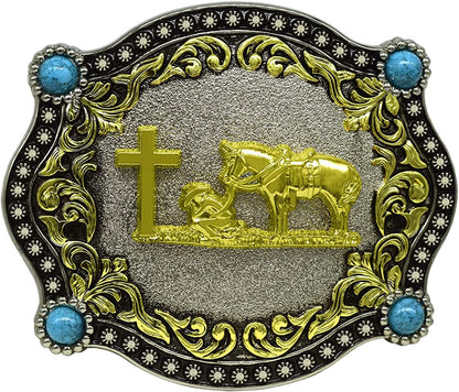 Moranse Religion Cross Cowboy Kneeling Prayer and Horse Design Belt Buckles Apparel & Accessories > Clothing Accessories > Belt Buckles Moranse Pattern Goldren 5  