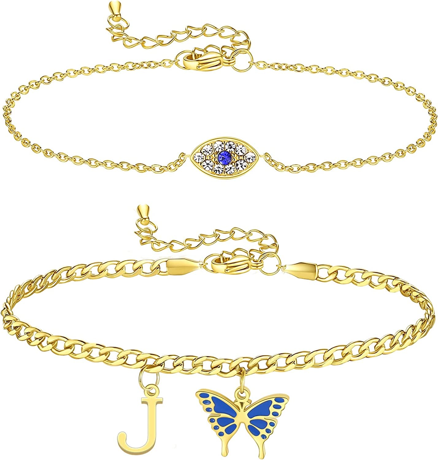 SAM & LORI 2 Pcs Anklets Set 18K Gold Plated Dainty Layered Personalized Initial Anklets Bracelets - Blue Butterfly - Sparkling CZ Evil Eye - Adjustable Summer Jewelry for Women Teen Girls Apparel & Accessories > Jewelry > Anklets SAM & LORI "Butterfly Evil Eye - J  