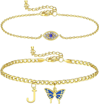 SAM & LORI 2 Pcs Anklets Set 18K Gold Plated Dainty Layered Personalized Initial Anklets Bracelets - Blue Butterfly - Sparkling CZ Evil Eye - Adjustable Summer Jewelry for Women Teen Girls Apparel & Accessories > Jewelry > Anklets SAM & LORI "Butterfly Evil Eye - J  