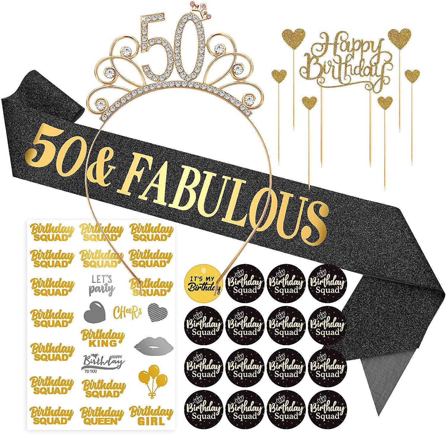 Black Birthday Sash Crowns Tiara Headband for Women - Birthday Buttons Pins Badges Gifts for Girl Birthday Party Supplies Apparel & Accessories > Clothing Accessories > Sashes ERTREE 50th Birthday  