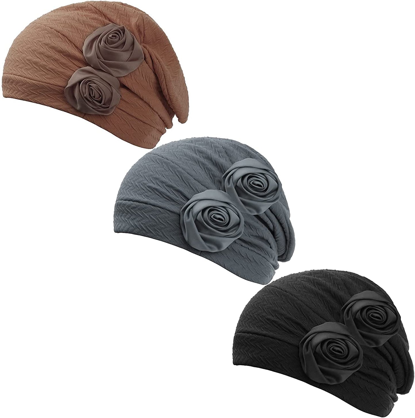 HONENNA Chemo Caps Headwear for Women Turbans Beanies Flowers Hats Headwrap for Cancer Patient Hair Loss Apparel & Accessories > Clothing Accessories > Headwear HONENNA Roses:3 Pack[black+gray+brown]  