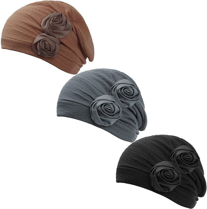 HONENNA Chemo Caps Headwear for Women Turbans Beanies Flowers Hats Headwrap for Cancer Patient Hair Loss Apparel & Accessories > Clothing Accessories > Headwear HONENNA Roses:3 Pack[black+gray+brown]  