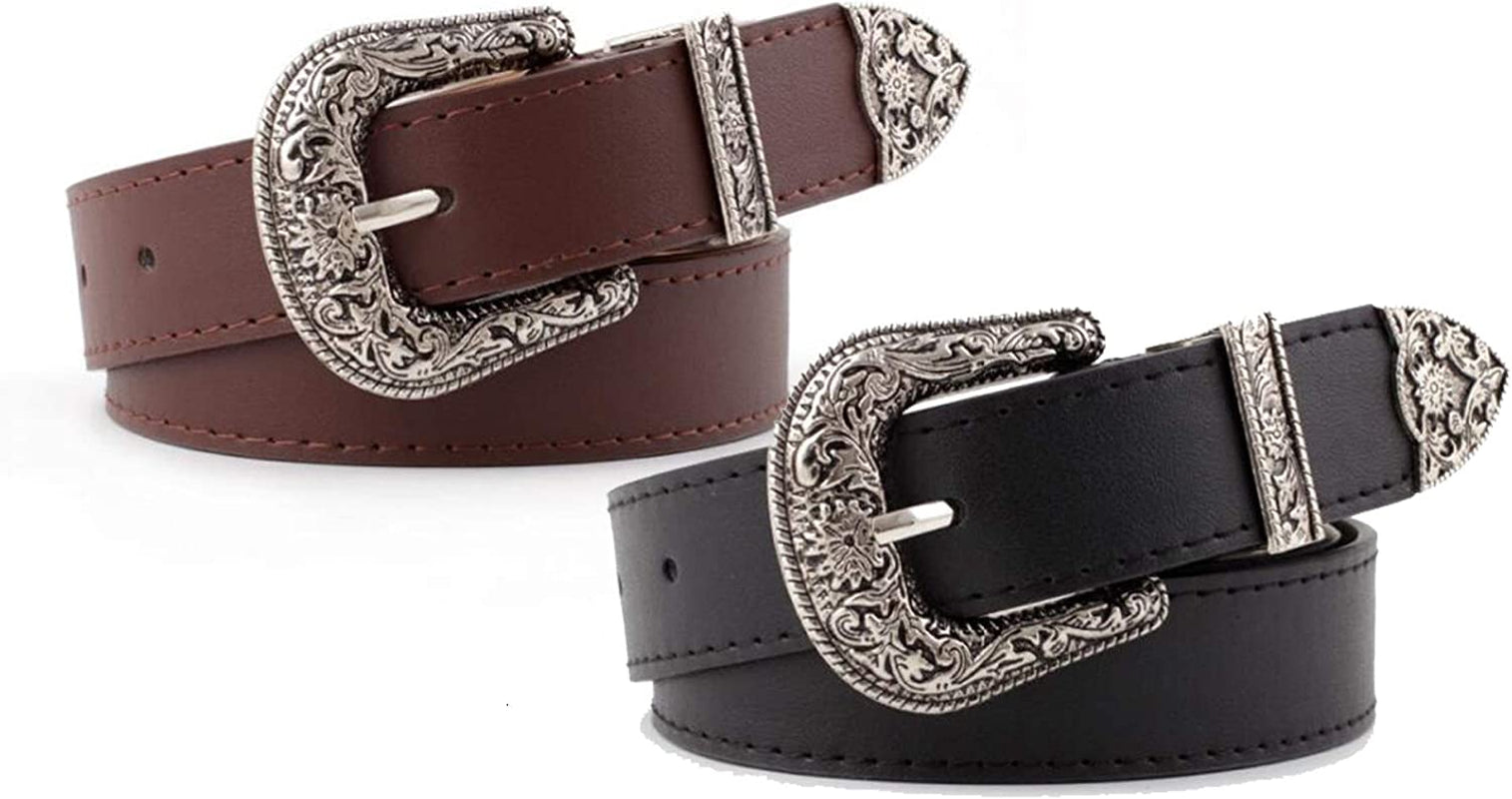 Western-Leather-Belts-Women Vintage Waist-Belts with Hollow Out Flower Buckle Apparel & Accessories > Clothing Accessories > Belts INOGIH Black/Coffee 2 Pc  