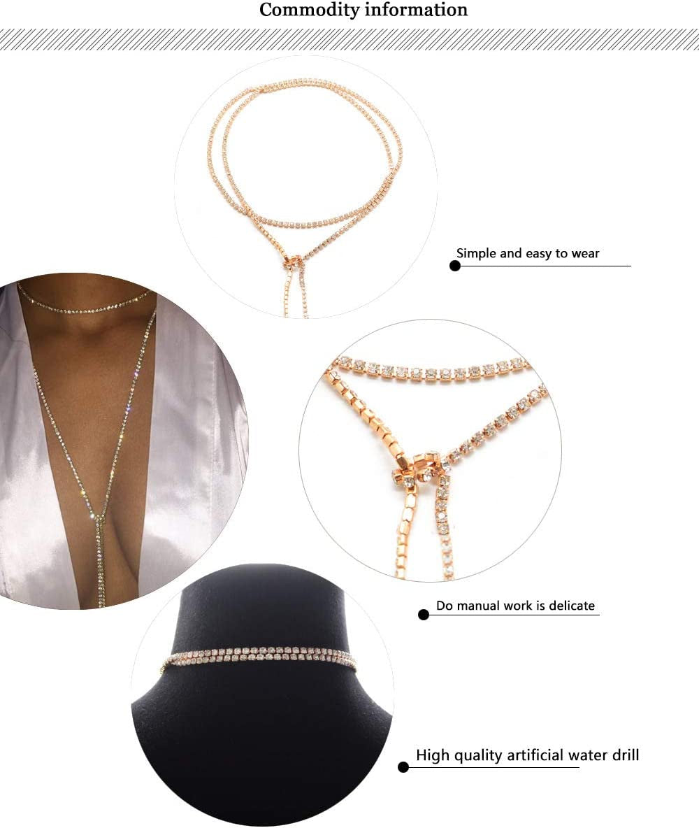 Kercisbeauty Muti Row Boho Tennis Chain Rhinestones Choker Long Chain Necklace for Women and Girls Jewelry (Gold) Apparel & Accessories > Jewelry > Necklaces Kercisbeauty   