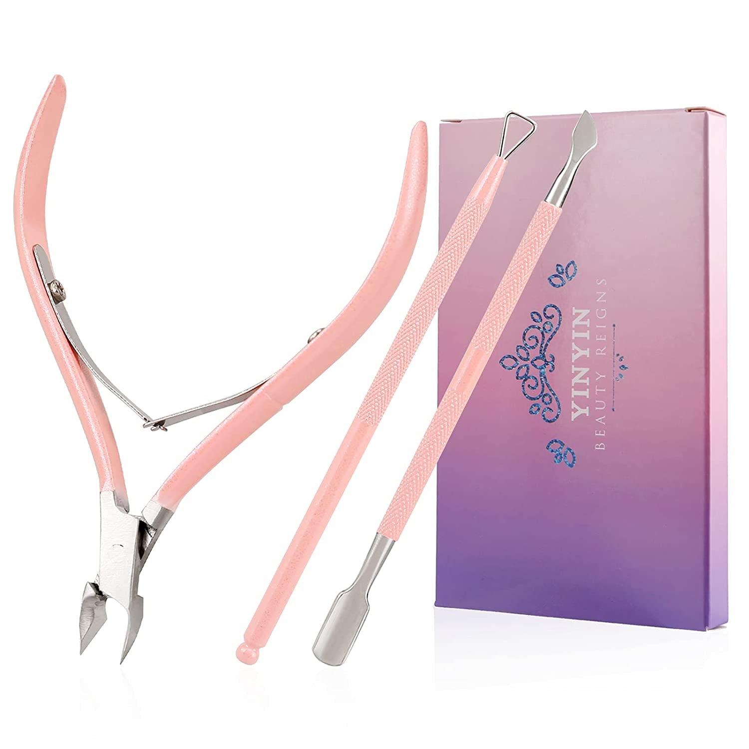 Cuticle Trimmer with Cuticle Pusher -YINYIN Cuticle Remover Cuticle Nippers Professional Stainless Steel Cuticle Pusher and Cutter Clippers Durable Pedicure Manicure Tools for Fingernails and Toenails Health & Beauty > Personal Care > Cosmetics > Cosmetic Tools > Nail Tools YINYIN Pink  