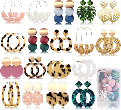 FIFATA 18 Pairs Statement Rattan Earrings for Women Girls Fun Acrylic Hoop Drop Dangle Earrings Fashion Resin Jewelry Set Hypoallergenic for Sensitive Ears Apparel & Accessories > Jewelry > Earrings FIFATA   