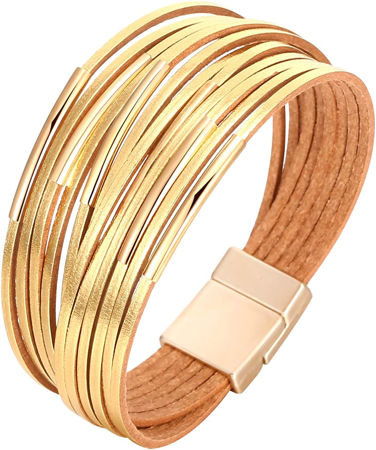 Fesciory Leather Wrap Bracelet for Women, Leopard Multi-Layer Magnetic Buckle Cuff Bracelet Jewelry Apparel & Accessories > Jewelry > Bracelets Fesciory A2-Short Gold  