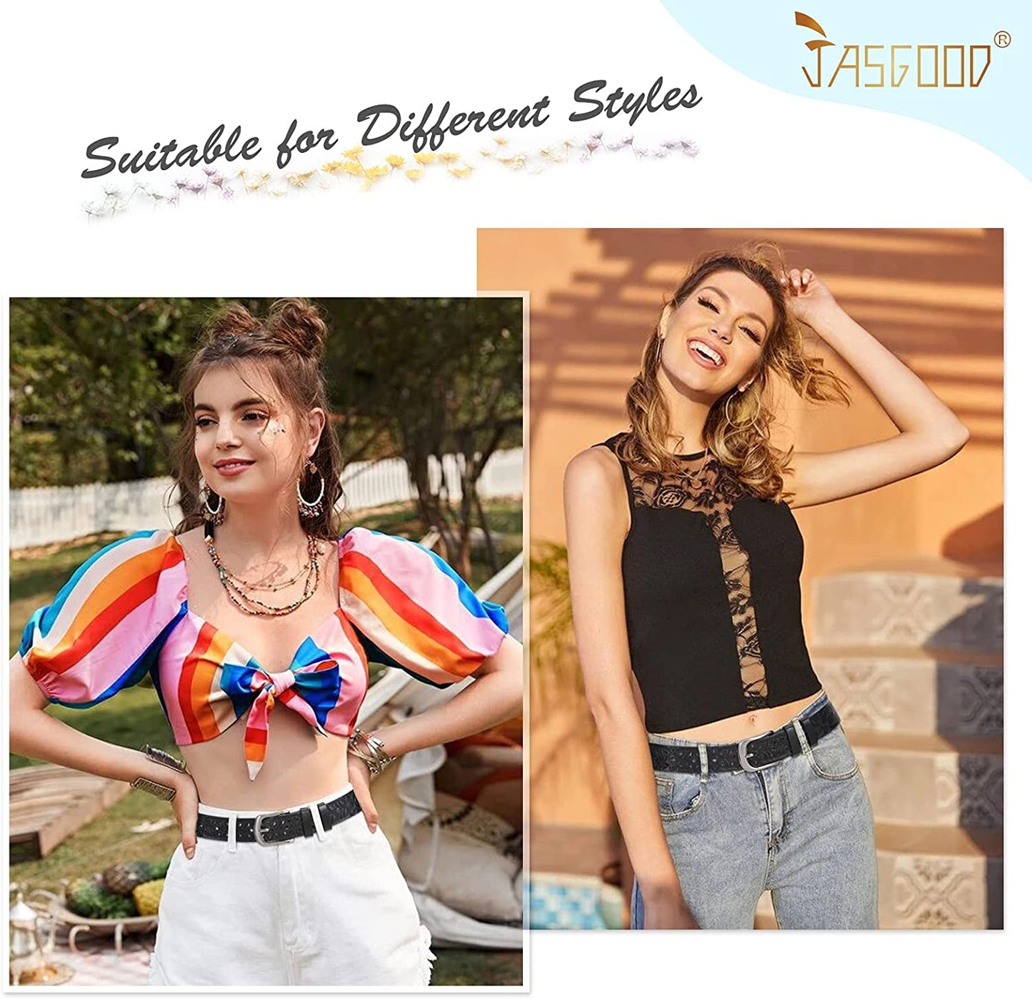 JASGOOD Hollow Leather Belt for Women, Wide Leather Belt for Jeans Pants with Pin Buckle Apparel & Accessories > Clothing Accessories > Belts KYLIE MAX   