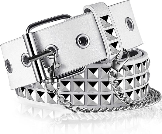 Studded Belts Punk Rock Belts for Women Threads Goth Pyramid Pu Leather Belts with Chains for Gothic Clothing Accessories Apparel & Accessories > Clothing Accessories > Belts Geyoga White  
