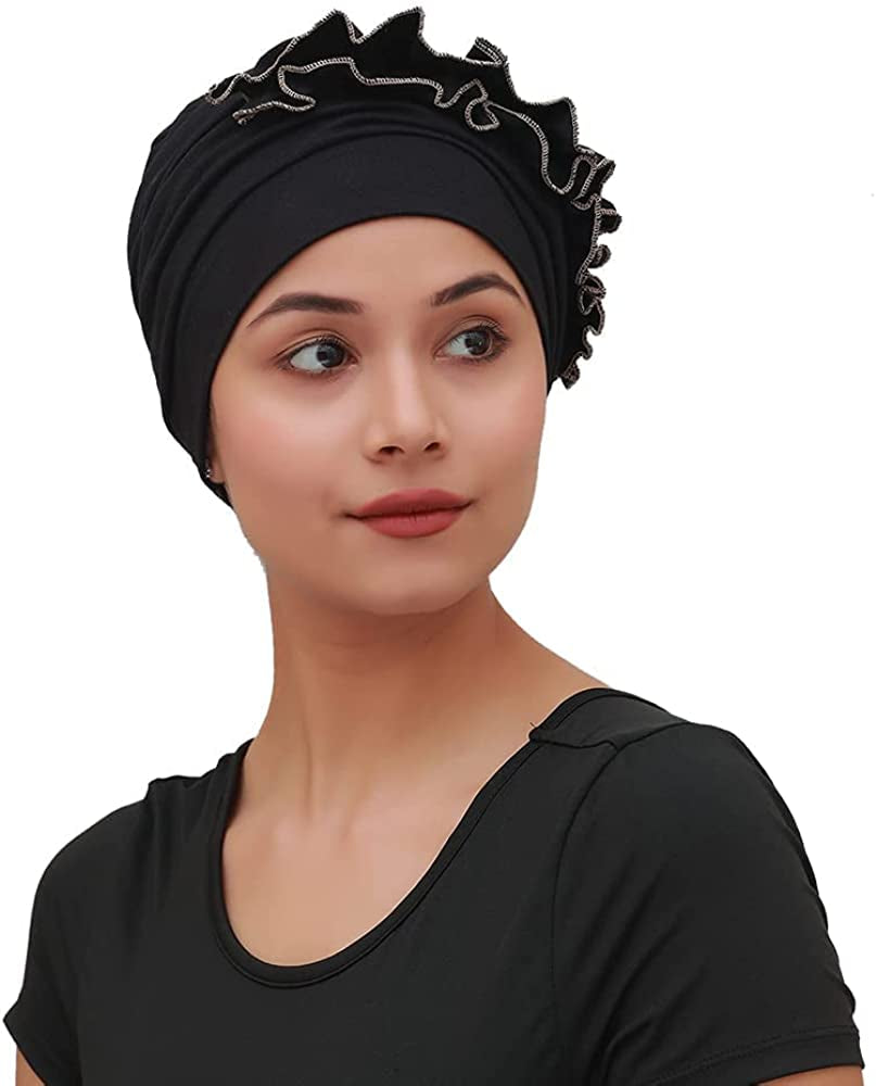SAKUCHI Women Chemo 2 Piece Ruffle Cap & Band for Cancer Hair Loss Women Silky Soft Bamboo Headwear (2 Piece) Apparel & Accessories > Clothing Accessories > Headwear SAKUCHI   