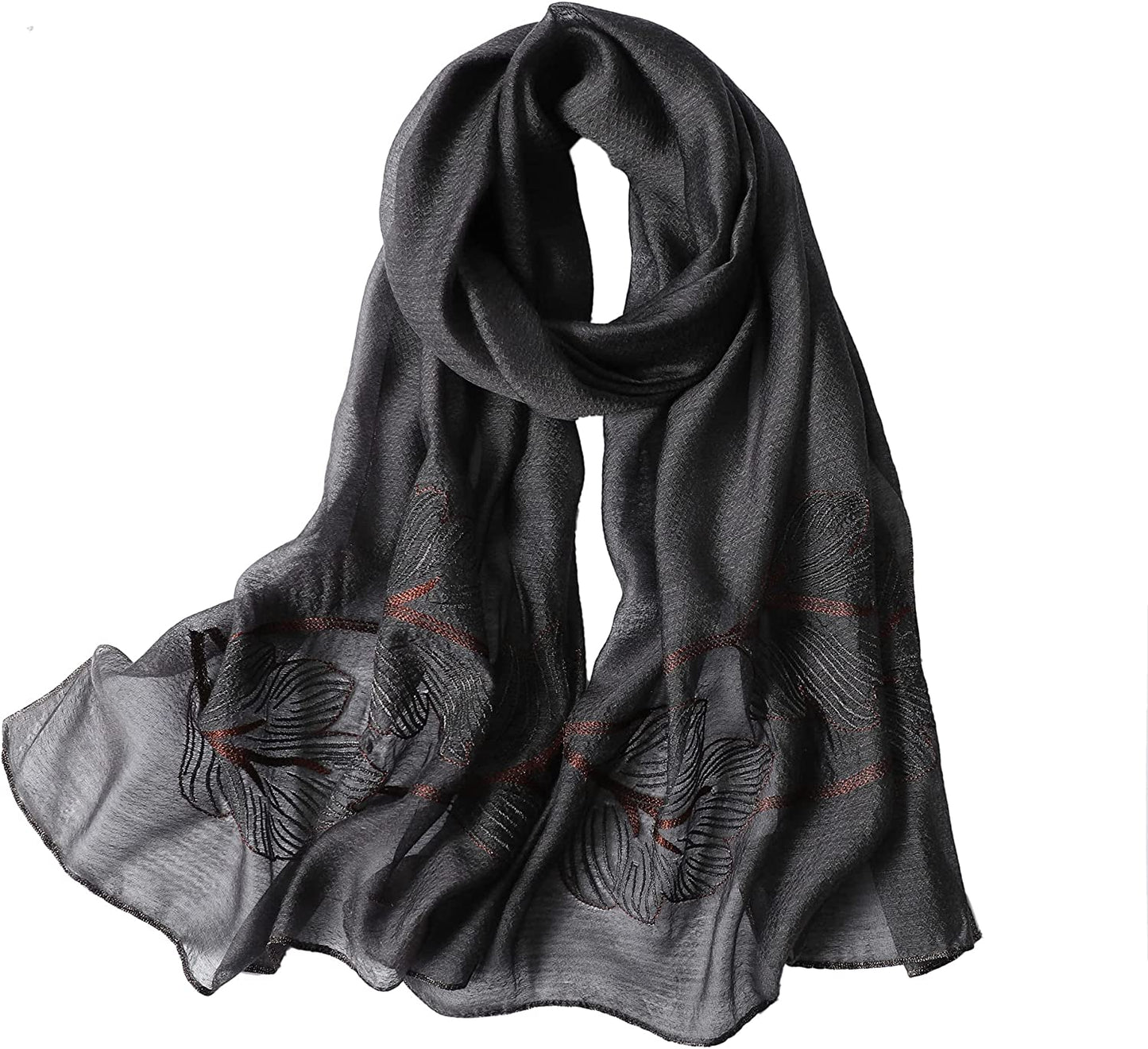 WINCESS.YU Silk Scarf for Women Lightweight Shawls and Wraps for Weddings Fashion Pashmina Shawl Embroidered Scarves Apparel & Accessories > Clothing Accessories > Scarves & Shawls WINCESS.YU Leaf Embroidery Dark Grey  