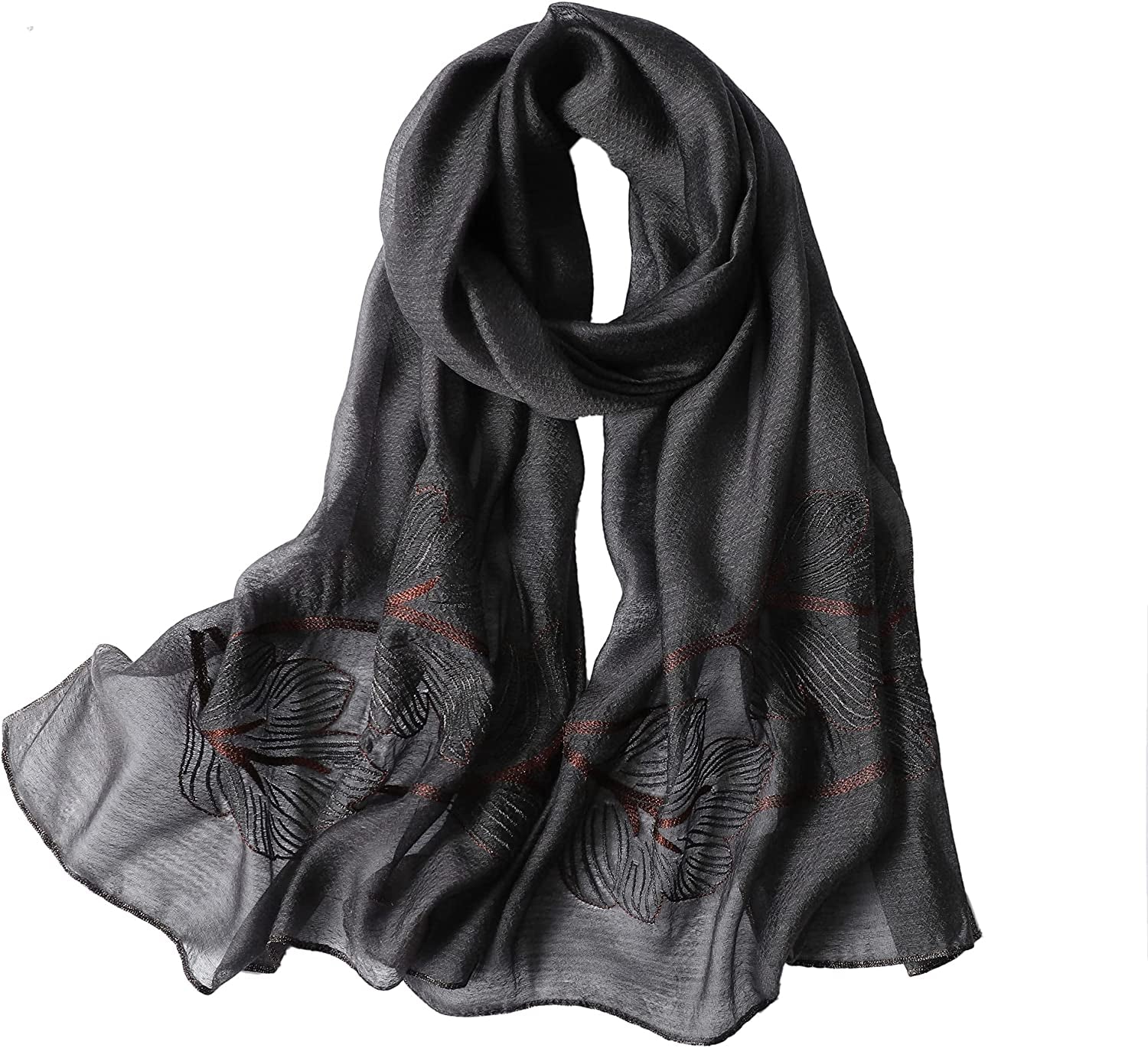 WINCESS.YU Silk Scarf for Women Lightweight Shawls and Wraps for Weddings Fashion Pashmina Shawl Embroidered Scarves Apparel & Accessories > Clothing Accessories > Scarves & Shawls WINCESS.YU Leaf Embroidery Dark Grey  