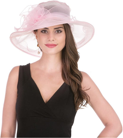 Lucky Leaf Women Kentucky Derby Church Cap Wide Brim Summer Sun Hat for Party Wedding Apparel & Accessories > Clothing Accessories > Headwear Lucky Leaf Pink  