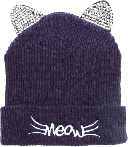MIRMARU Women’S Soft Warm Embroidered Meow Cat Ears Knit Beanie Hat with Stone Embellished Apparel & Accessories > Clothing Accessories > Hats MIRMARU Navy One Size 