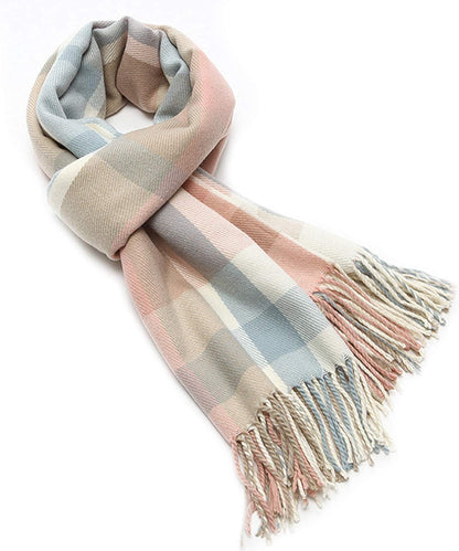 Women'S Long Plaid Blanket Chunky Oversized Winter/Fall Warm Scarf Big Tartan Scarves Wrap Shawl Apparel & Accessories > Clothing Accessories > Scarves & Shawls YSense Wear Light Pink Blue  