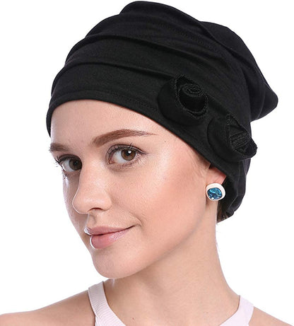DOCILA Plain Floral Decoration Chemo Beanie for Women Soft Sleep Snood Cap Breathable Hair Loss Muslin Turban Hat Apparel & Accessories > Clothing Accessories > Headwear DOCILA Blackflower  