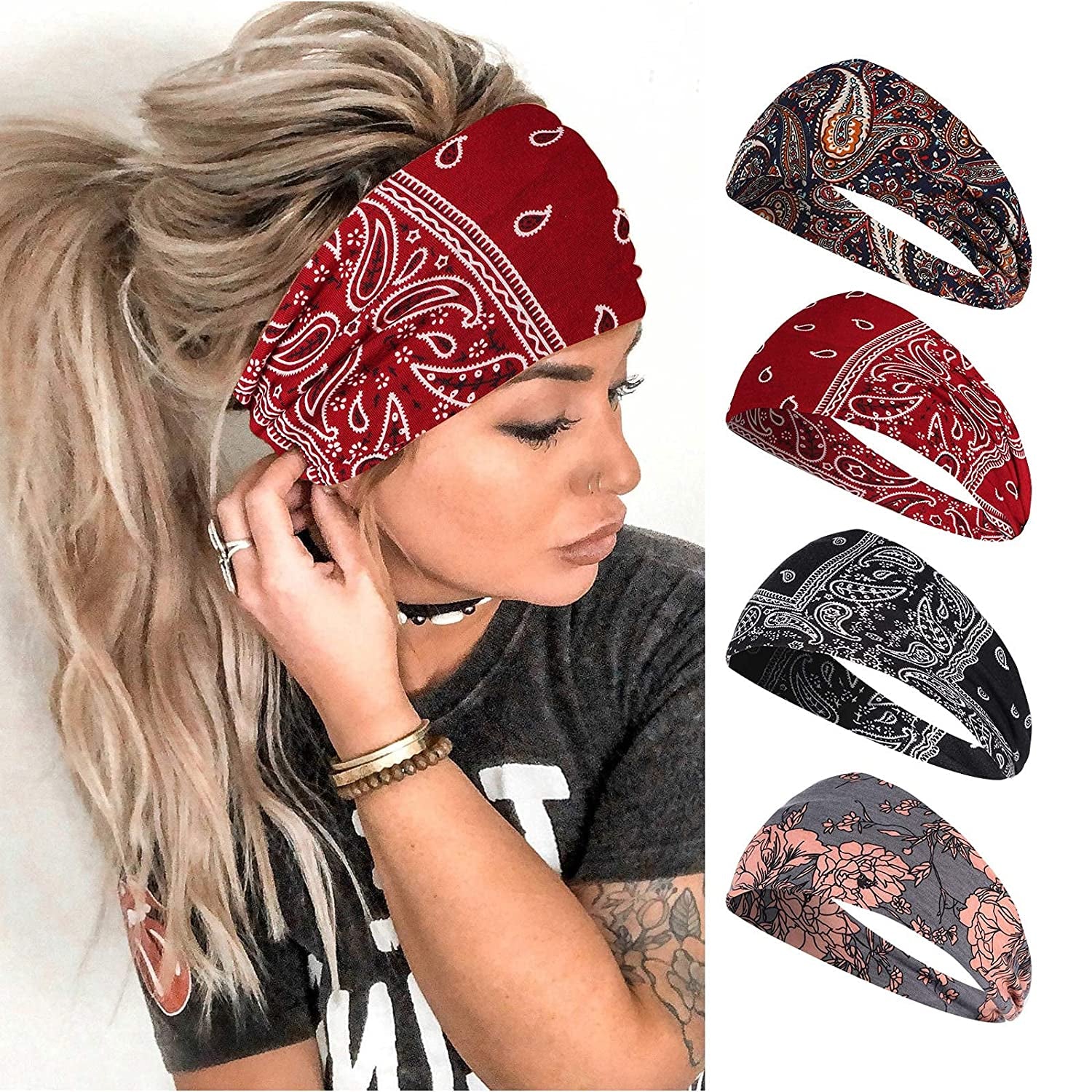 Vemalo Wide Headbands for Women, Boho Bandeau Head Bands, Workout Head Wraps, Stretch No Slip Hair Wraps Pack of 4 (Stylish) Apparel & Accessories > Clothing Accessories > Bandanas & Headties Vemalo Stylish  