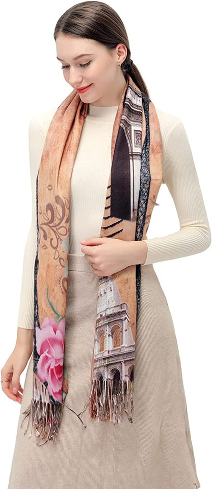 Women'S Fashion Scarf with Art Printed Tassel Soft Cashmere Warm Large Blanket Wrap Shawl for Gift Apparel & Accessories > Clothing Accessories > Scarves & Shawls XYBJ Coffee  