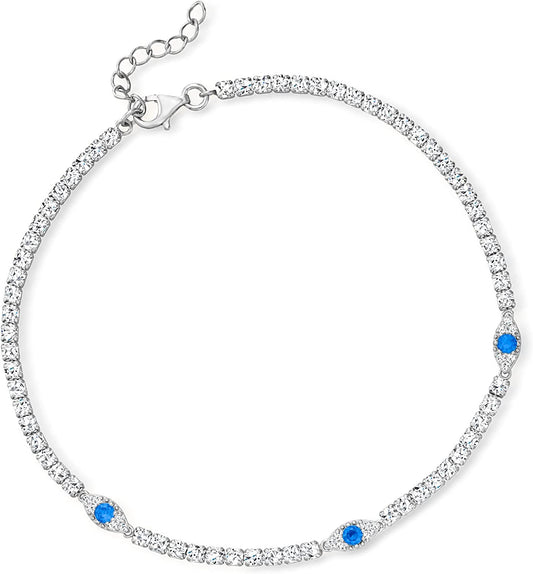 Ross-Simons 3.60 Ct. T.W. CZ and .30 Ct. T.W. Simulated Sapphire Evil Eye Anklet in Sterling Silver. 9 Inches Apparel & Accessories > Jewelry > Anklets Ross-Simons   