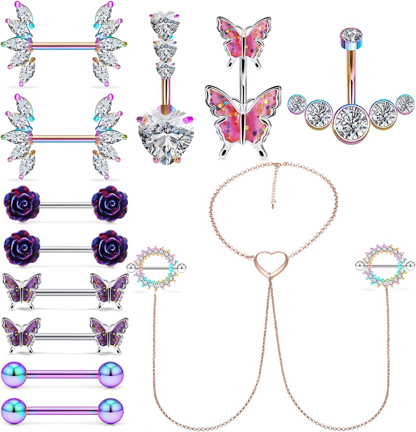 Pexveiuu 16Pcs Nipple Rings Chain and Belly Burron Ring for Women Surgical Steel Nipple Belly Navels Barbells Bar Piercing Apparel & Accessories > Jewelry > Body Jewelry Pexveiuu Colorful  