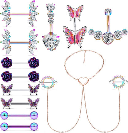 Pexveiuu 16Pcs Nipple Rings Chain and Belly Burron Ring for Women Surgical Steel Nipple Belly Navels Barbells Bar Piercing Apparel & Accessories > Jewelry > Body Jewelry Pexveiuu Colorful  
