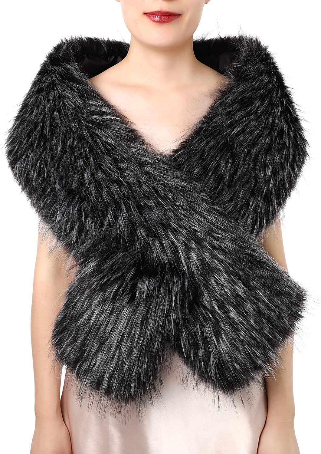 Dikoaina Women'S Winter Fake Faux Fur Scarf Wrap Collar Shawl Shrug Apparel & Accessories > Clothing Accessories > Scarves & Shawls Dikoaina Black With White Tip 63"/160cm 