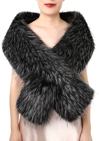 Dikoaina Women'S Winter Fake Faux Fur Scarf Wrap Collar Shawl Shrug Apparel & Accessories > Clothing Accessories > Scarves & Shawls Dikoaina Black With White Tip 63"/160cm 