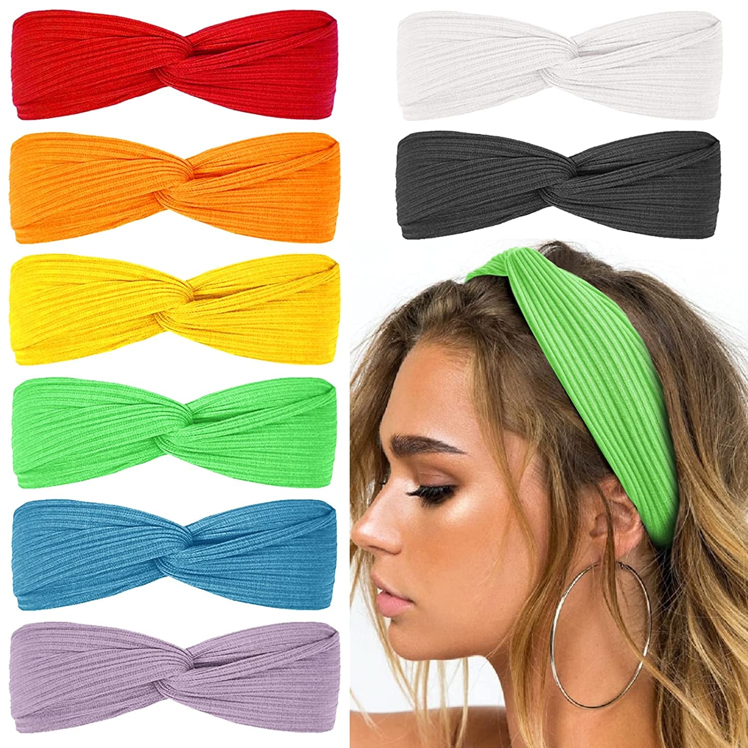 Huachi Headbands for Women Twist Knotted Boho Stretchy Hair Bands for Girls Criss Cross Turban Plain Headwrap Yoga Workout Vintage Hair Accessories, Solid Color, 8Pcs Apparel & Accessories > Clothing Accessories > Bandanas & Headties Huachi Rainbow  