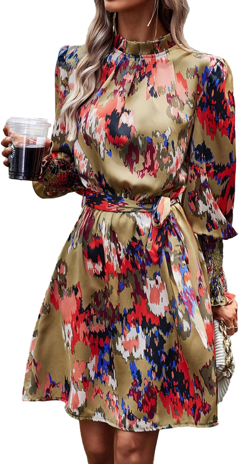 OPOIPIN Women'S Mock Neck Shirred Long Sleeve Paisley Print a Line Swing Short Dress Apparel & Accessories > Clothing > Dresses OPOIPIN Khaki Small 