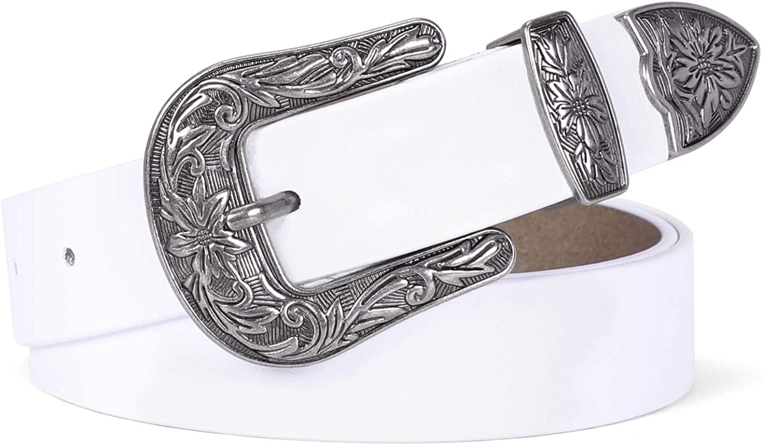 Women Leather Belts Ladies Vintage Western Design Black Waist Belt for Pants Jeans Dresses Apparel & Accessories > Clothing Accessories > Belts KYLIE MAX C-white Suit Waist Size 23"-27" 