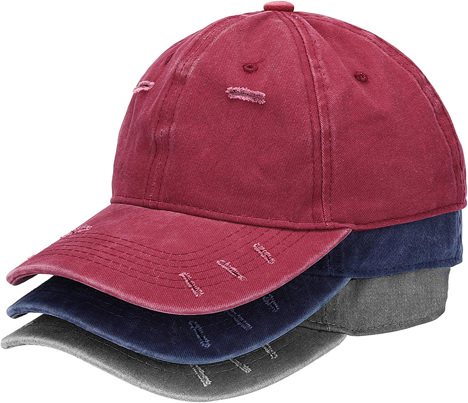 MEINICY 3 Pack Washed Plain Baseball Cap, Retro Adjustable Dad Hats Gift for Men/Women,Unstructured/Cotton Apparel & Accessories > Clothing Accessories > Hats MEINICY Distressed Gray+burgundy+navy  