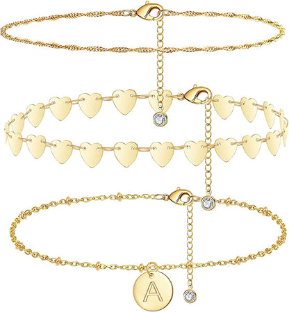 Initial Gold Ankle Bracelets for Women 14K Gold Plated Anklet Heart Chain Anklet Dainty Engraved a to Z Letter Charm Alphabet Satellite Beaded Layered Anklet Set 3Pcs Apparel & Accessories > Jewelry > Anklets Vermeyen A  