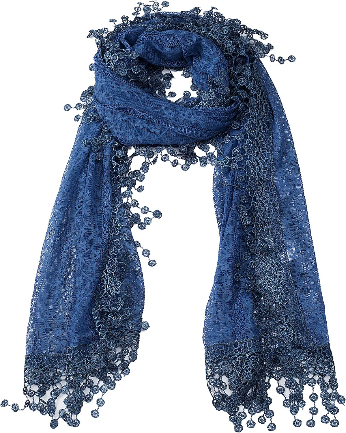 Women'S Lightweight Feminine Lace Teardrop Fringe Lace Scarf Vintage Scarf Mesh Crochet Tassel Cotton Scarf for Women Apparel & Accessories > Clothing Accessories > Scarves & Shawls Tan's Denim Blue With Fringes  