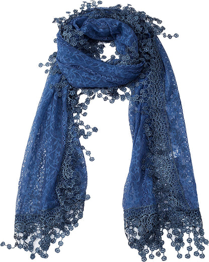 Women'S Lightweight Feminine Lace Teardrop Fringe Lace Scarf Vintage Scarf Mesh Crochet Tassel Cotton Scarf for Women Apparel & Accessories > Clothing Accessories > Scarves & Shawls Tan's Denim Blue With Fringes  