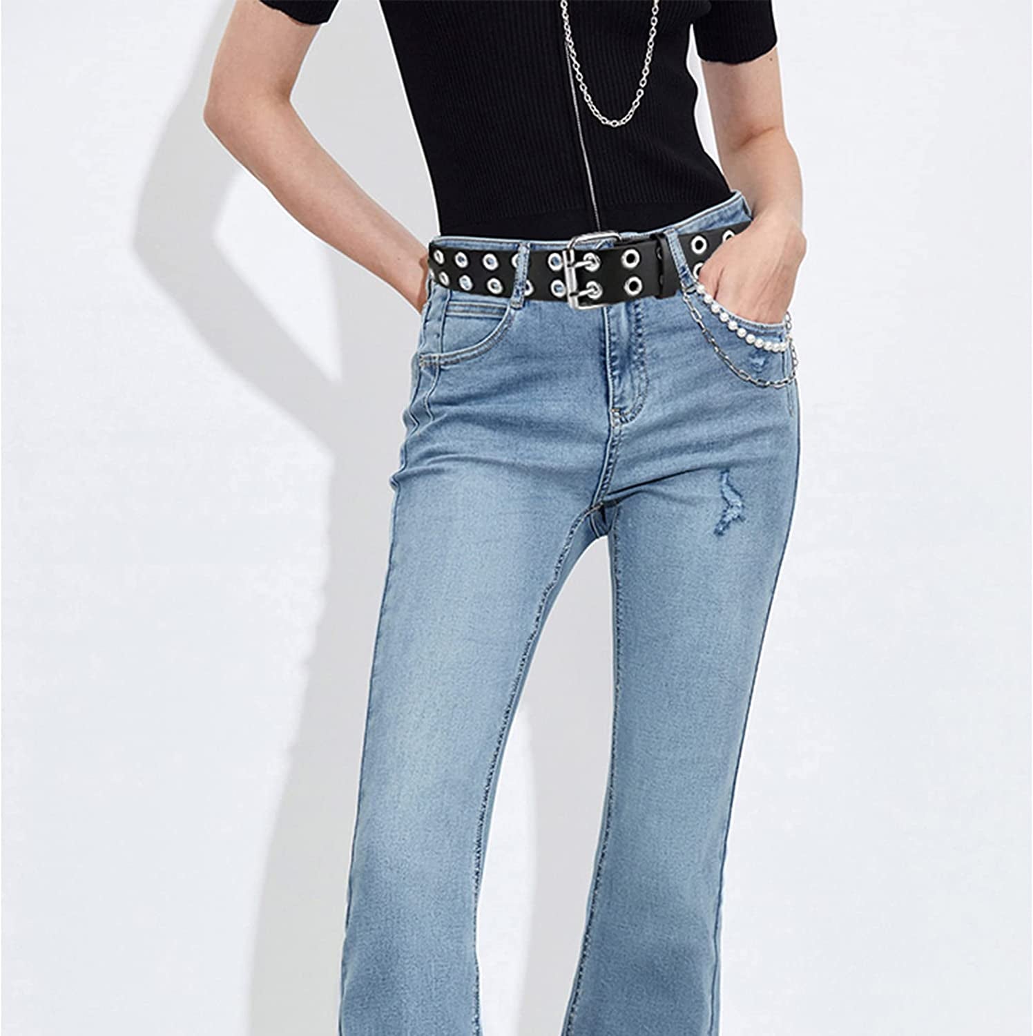 Grommet Leather Belts for Women, Black Belt Women Men with Double Studded Holes Apparel & Accessories > Clothing Accessories > Belts macoking   