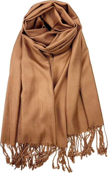 Plum Feathers Premium Solid Color and Metallic Fashion Scarf, Womens Pashmina Shawl Wrap with Fringes Apparel & Accessories > Clothing Accessories > Scarves & Shawls Plum Feathers Mocha Brown  