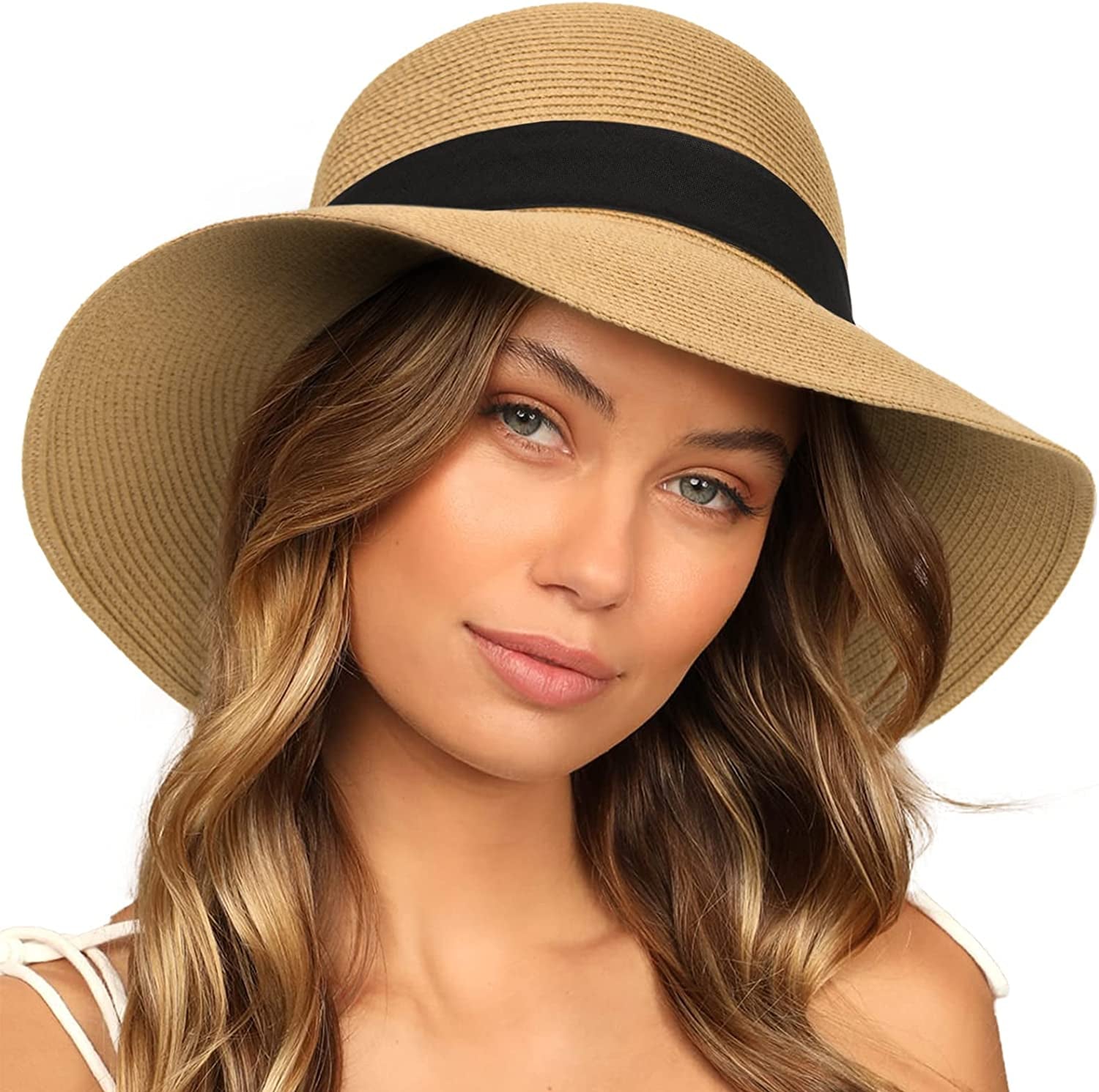 FURTALK Sun Hats for Women Wide Brim Straw Hat Beach Hat UPF UV Foldable Packable Cap for Travel Apparel & Accessories > Clothing Accessories > Hats KYLIE MAX Khaki+black Ribbon Medium 