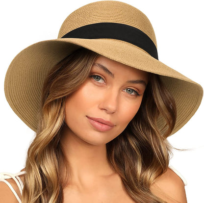 FURTALK Sun Hats for Women Wide Brim Straw Hat Beach Hat UPF UV Foldable Packable Cap for Travel Apparel & Accessories > Clothing Accessories > Hats KYLIE MAX Khaki+black Ribbon Medium 
