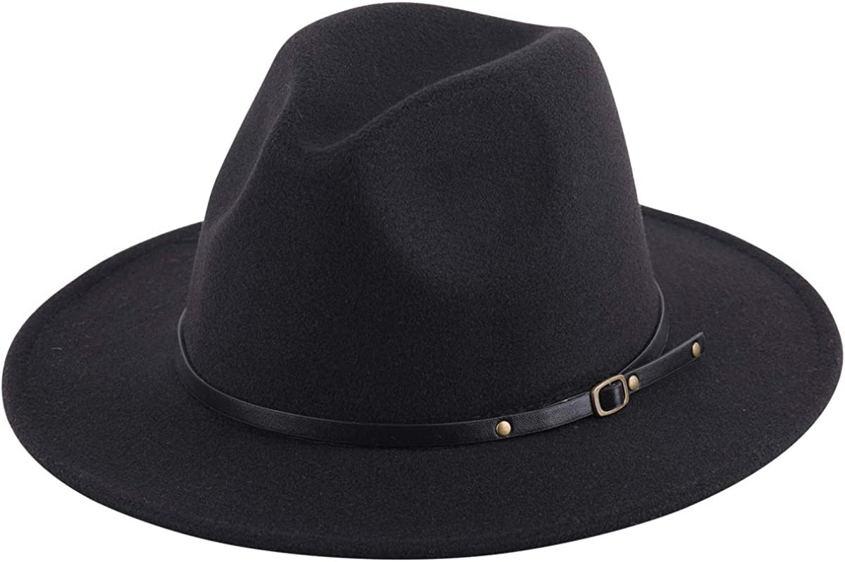 Lanzom Women Lady Retro Wide Brim Floppy Panama Hat Belt Buckle Wool Fedora Hat Apparel & Accessories > Clothing Accessories > Hats Lanzom Black One Size 