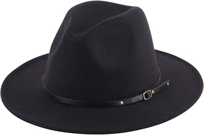 Lanzom Women Lady Retro Wide Brim Floppy Panama Hat Belt Buckle Wool Fedora Hat Apparel & Accessories > Clothing Accessories > Hats Lanzom Black One Size 