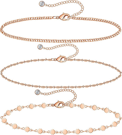 Gold Ankle Bracelets for Women 14K Gold Plated Anklet Silver Rose Gold Evil Eye Tennis Crystal Cubic Zirconia Faux Diamond Rhinestone Anklet Dainty Layered Anklet Set 3Pcs Apparel & Accessories > Jewelry > Anklets Vermeyen O-Rose Gold-Daisy  
