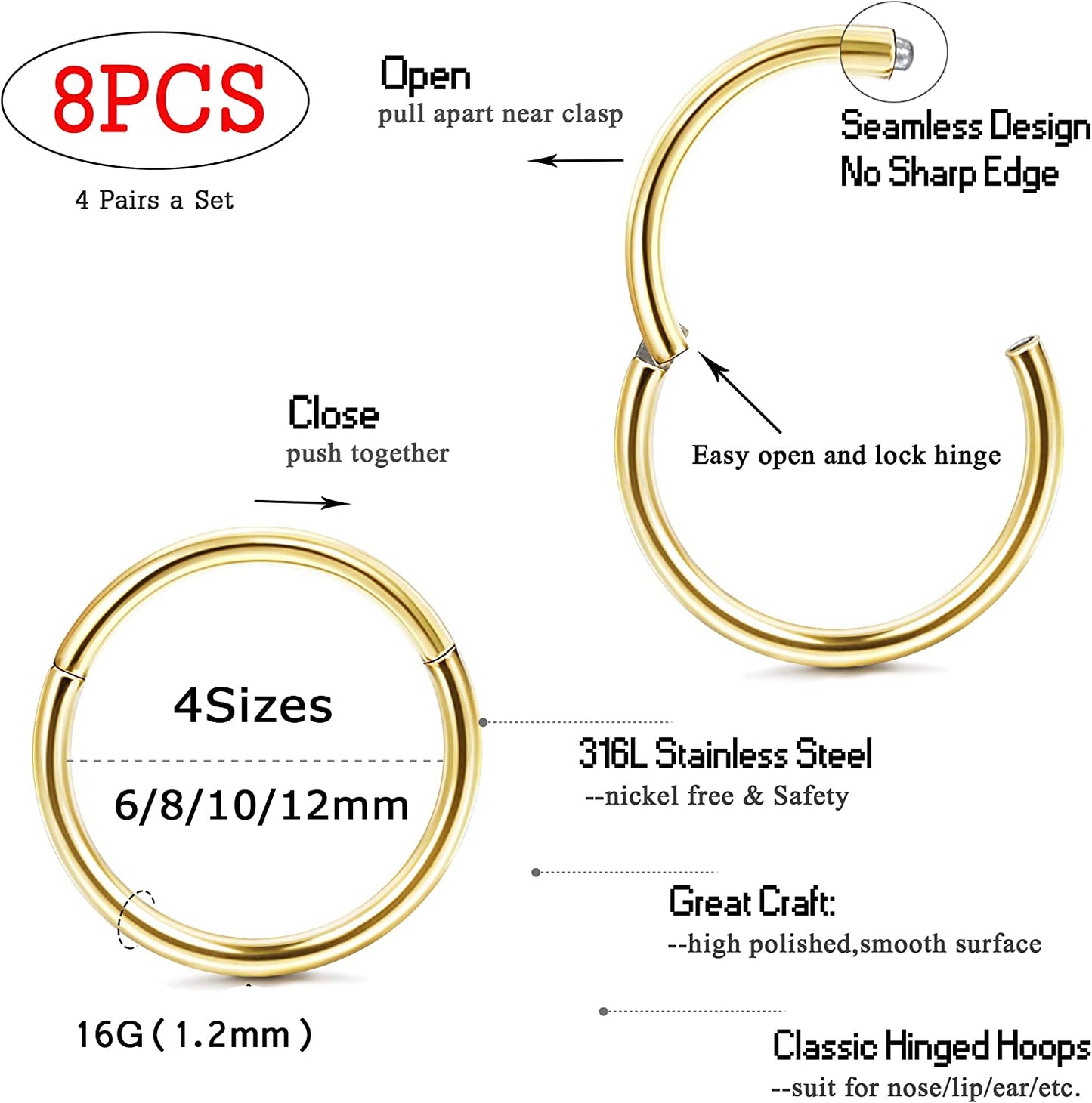 Jstyle 8Pcs 16G Surgical Steel Hinged Clicker Segment Nose Rings Hoop Helix Cartilage Daith Tragus Sleeper Earrings Body Piercing 6-12MM Improved Apparel & Accessories > Jewelry > Rings Jstyle   