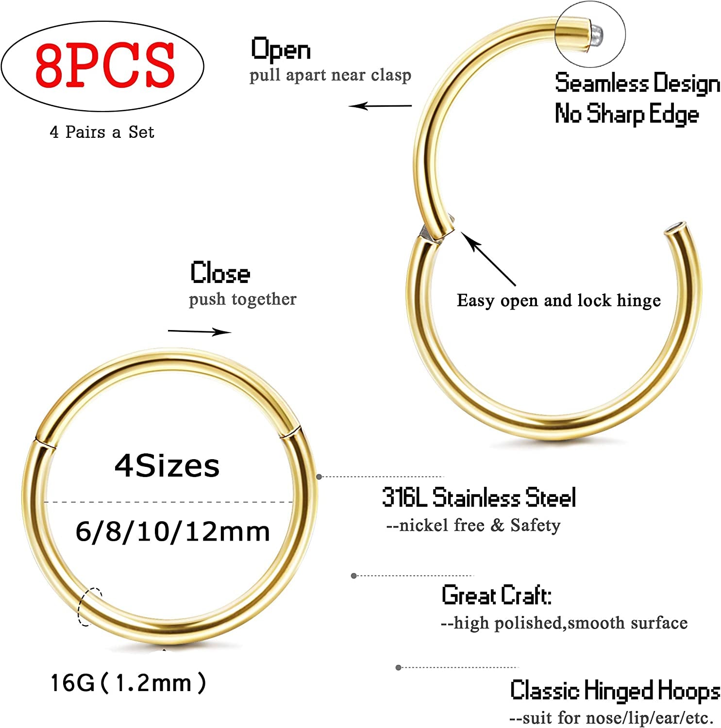 Jstyle 8Pcs 16G Surgical Steel Hinged Clicker Segment Nose Rings Hoop Helix Cartilage Daith Tragus Sleeper Earrings Body Piercing 6-12MM Improved Apparel & Accessories > Jewelry > Rings Jstyle   