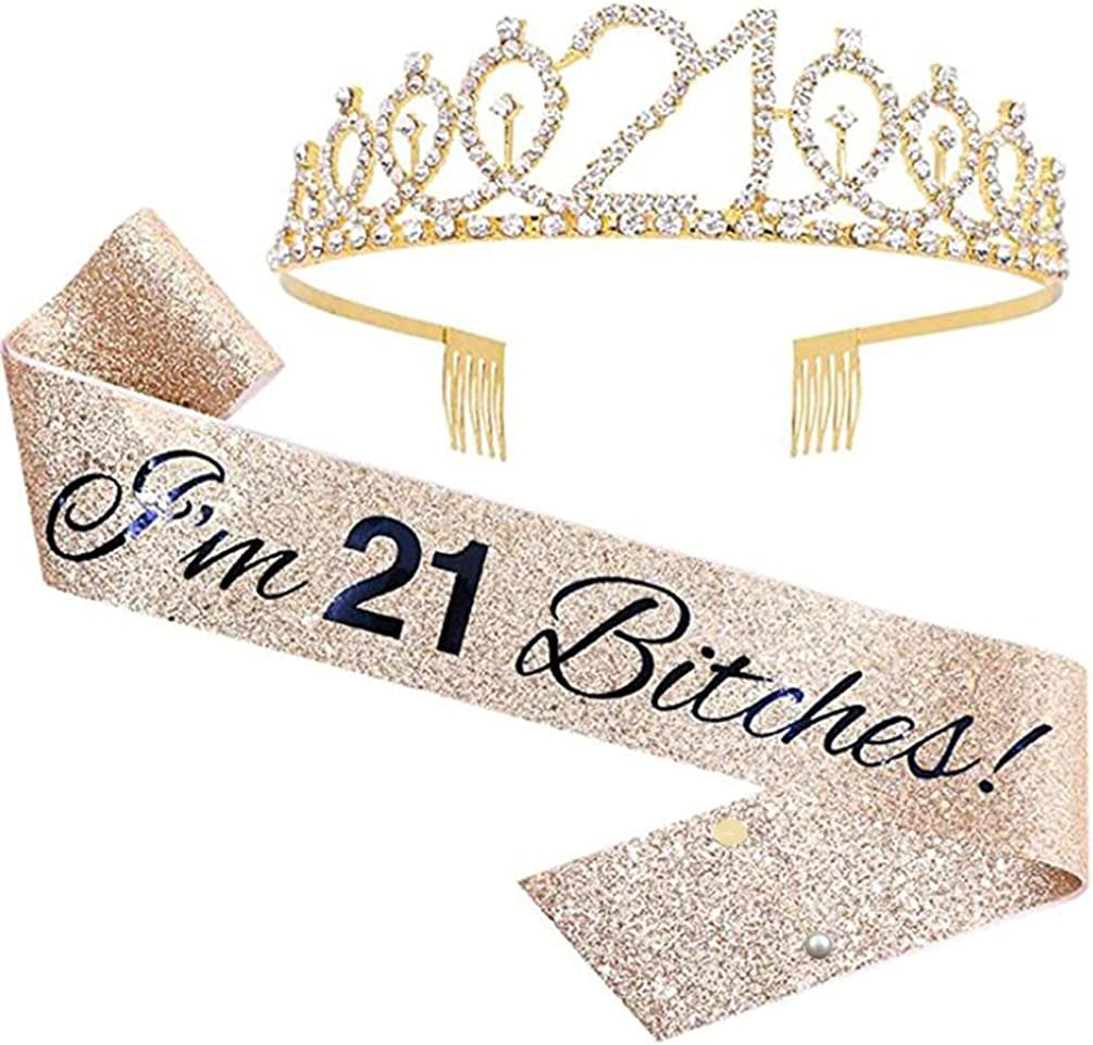 LATFZ Finally 21 Birthday Tiara and Sash - I'M 21 Bitches Satin Sash Crystal Tiara 21St Birthday Girl Crown 4 Colors Apparel & Accessories > Clothing Accessories > Sashes LATFZ I'm 21 Bitches!  