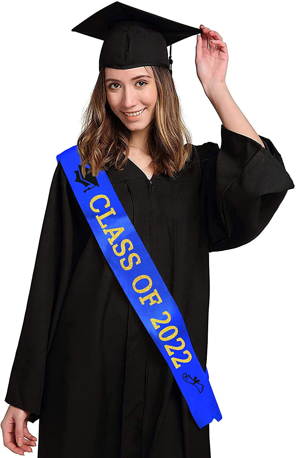 Blue “Class of 2022” Graduation Sash | Gold Glitter Letter Graduate Satin Sash | Funny Graduation Gifts for Boy or Girl| 2022 Graduation Celebration Party Supplies Apparel & Accessories > Clothing Accessories > Sashes Partyprops   
