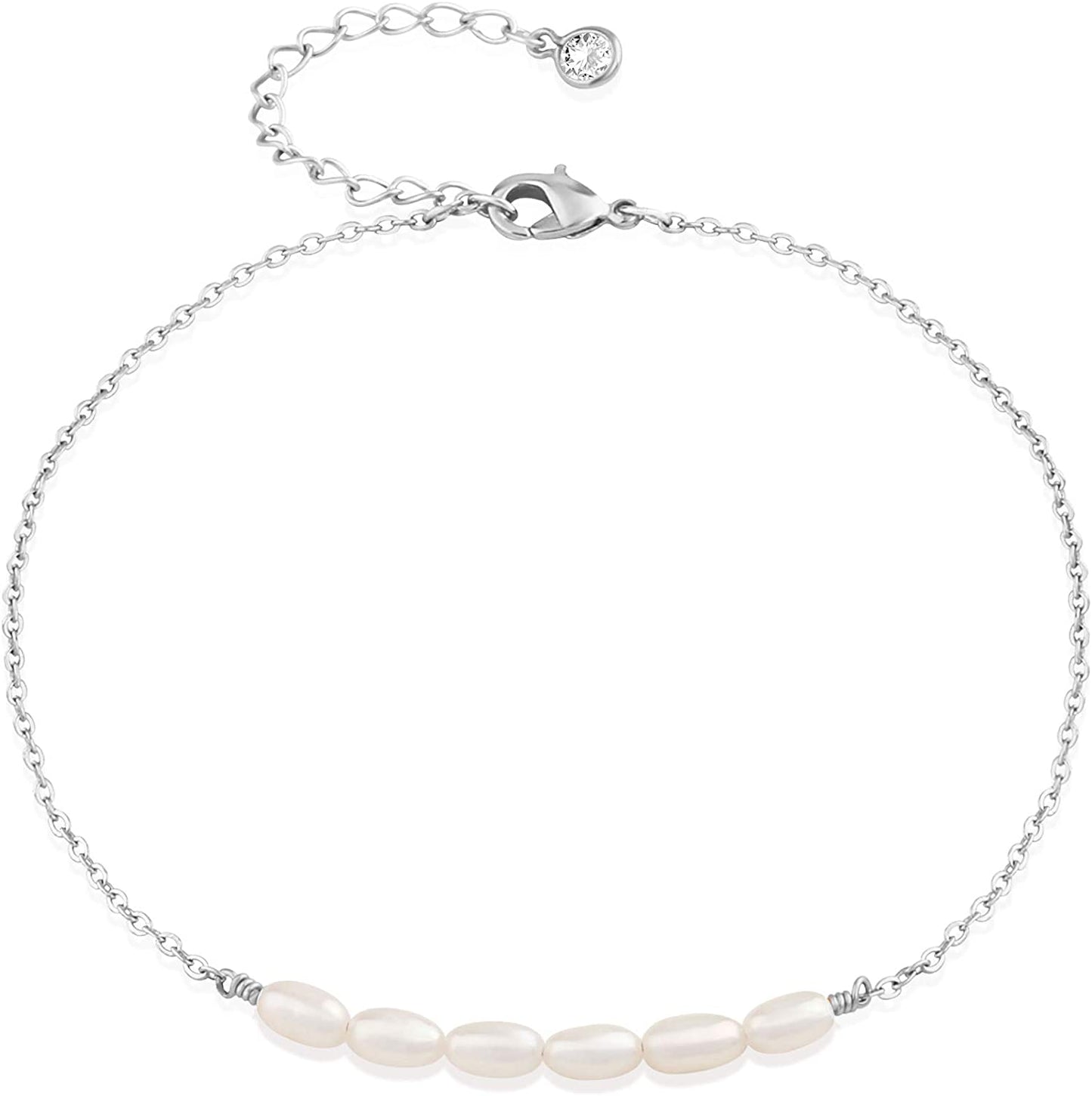 Mevecco Pearl Anklet Handmade 18K Gold Plated Dainty Boho Beach Cute Ankle Bracelet Adjustable Wafer Layered Turquoises Dangle Coins Foot Chain for Women Apparel & Accessories > Jewelry > Anklets Mevecco Pearl Silver  