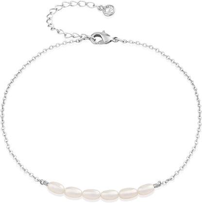 Mevecco Pearl Anklet Handmade 18K Gold Plated Dainty Boho Beach Cute Ankle Bracelet Adjustable Wafer Layered Turquoises Dangle Coins Foot Chain for Women Apparel & Accessories > Jewelry > Anklets Mevecco Pearl Silver  