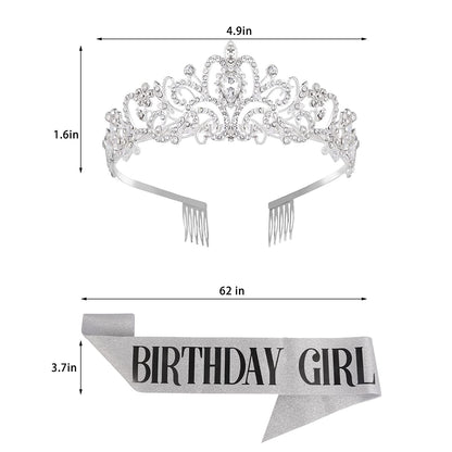 Birthday Girl Sash and Tiara for Women - LETSCARE Birthday Sash & Rhinestone Crown with Comb, Gift Kit for Birthday Decorations & Party Favors(Sliver) Apparel & Accessories > Clothing Accessories > Sashes LetsCare   