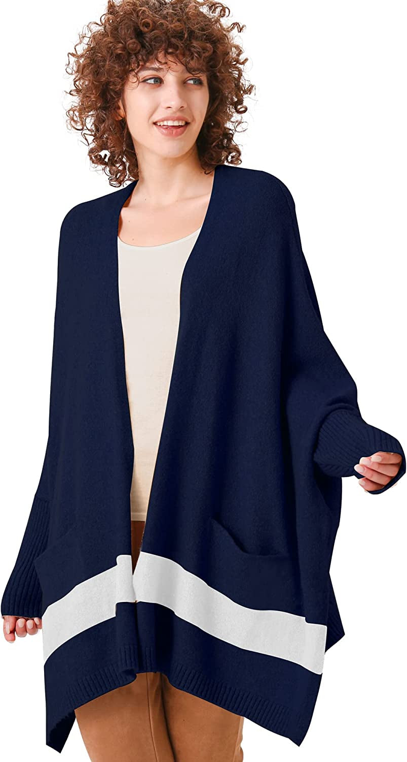 Moss Rose Women'S Open Front Cardigans Striped Batwing Sleeves Oversized Knit Pockets Sweater Coat Apparel & Accessories > Clothing Accessories > Scarves & Shawls KYLIE MAX A Navy Large 